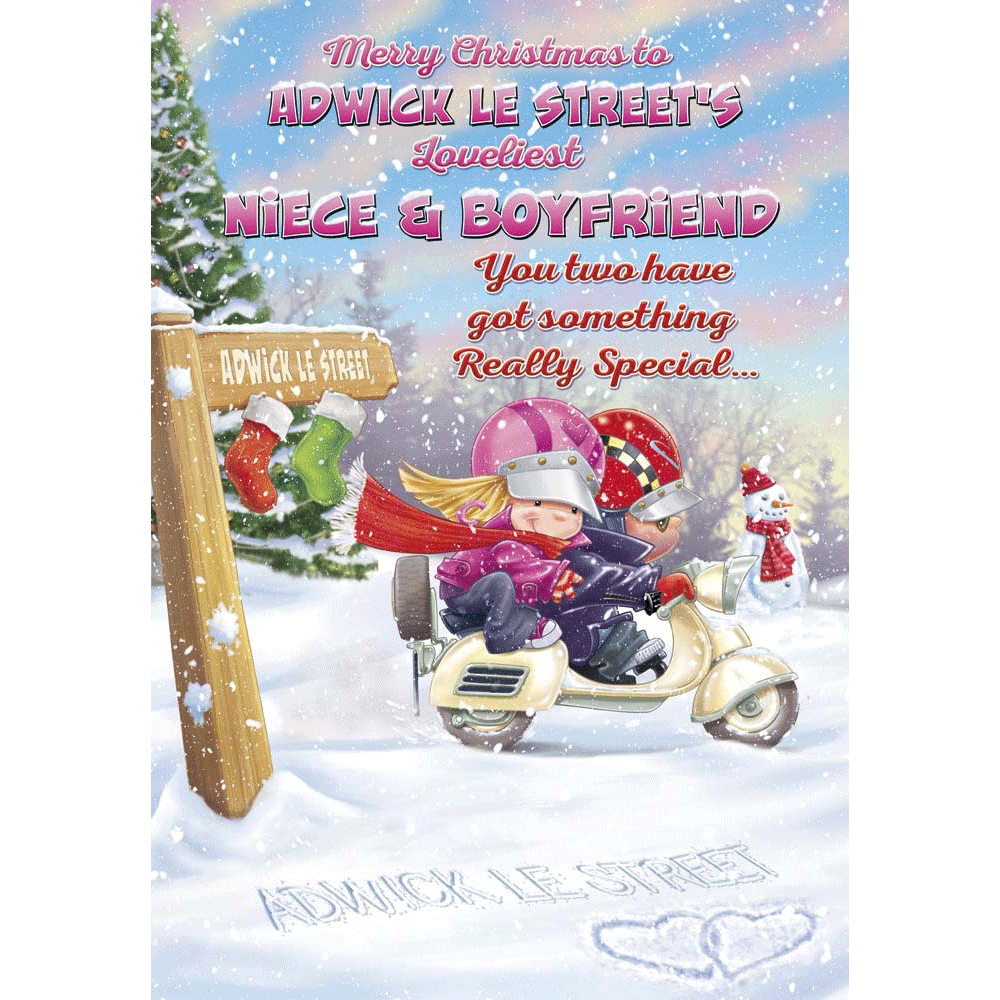 front of card showing a selection of different personalisations of this cartoon christmas card for a niece and boyfriend