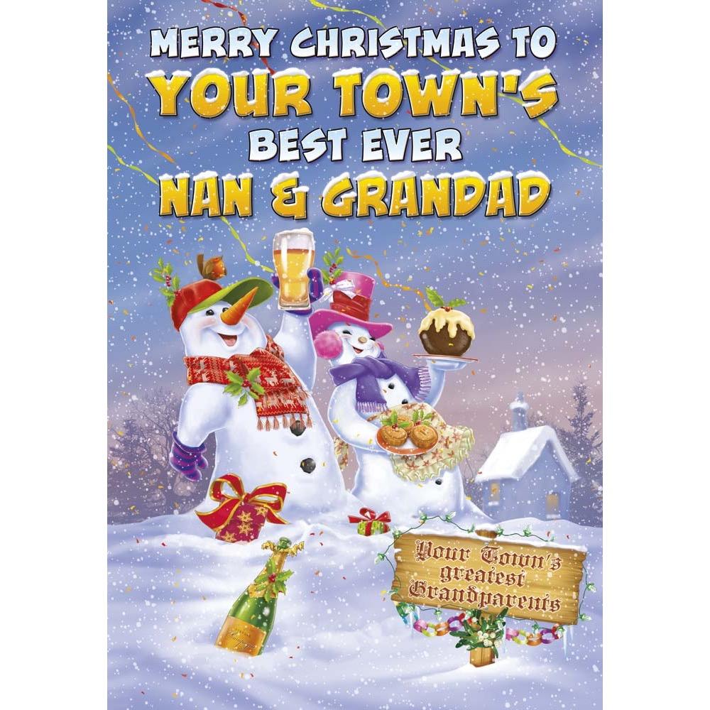 funny christmas card for a nan and grandad with a colourful cartoon illustration