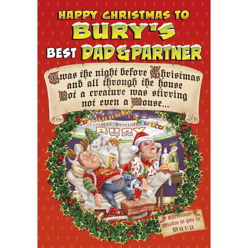 front of card showing a selection of different personalisations of this cartoon christmas card for a dad and partner