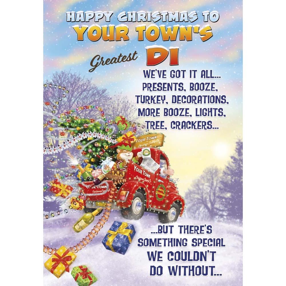 funny christmas card for a di with a colourful cartoon illustration