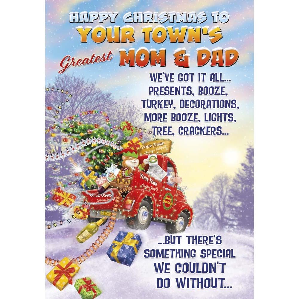 funny christmas card for a mom and dad with a colourful cartoon illustration