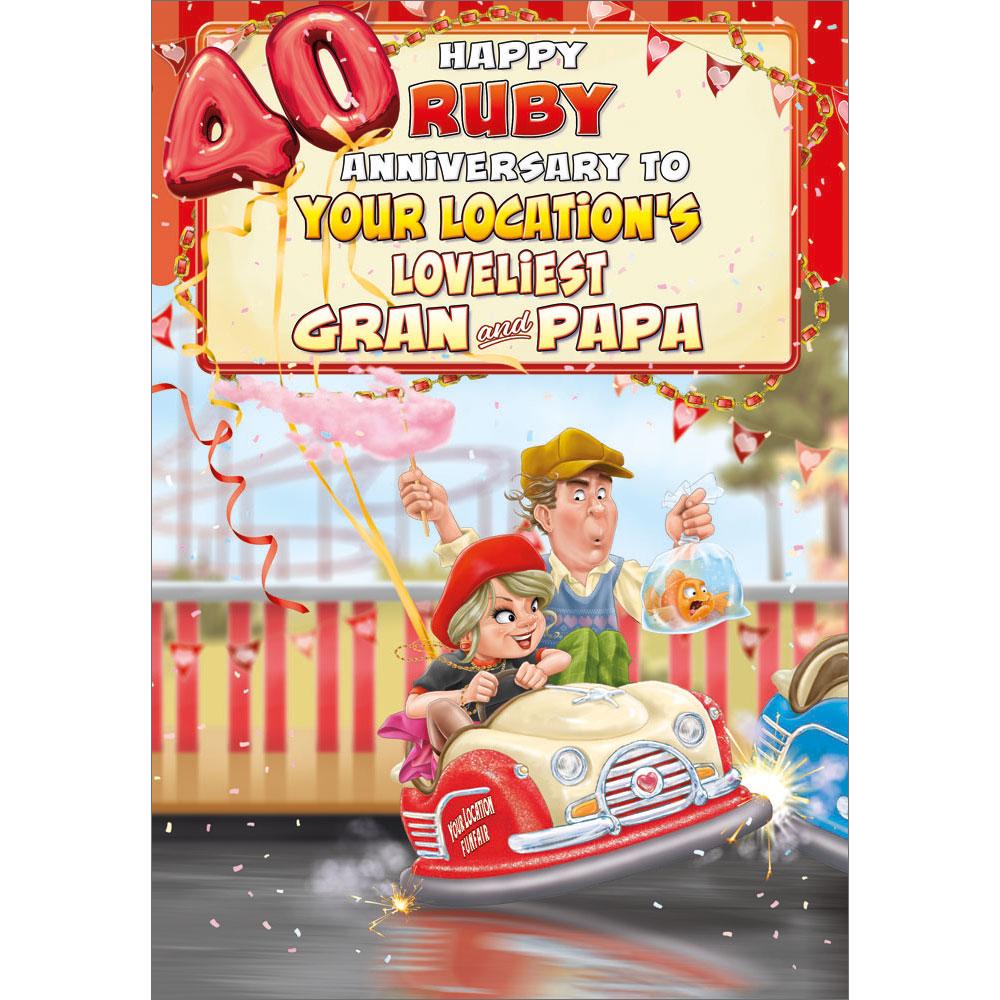 40th (ruby) anniversary greeting card featuring humour illustration for a gran and papa from the up your street range