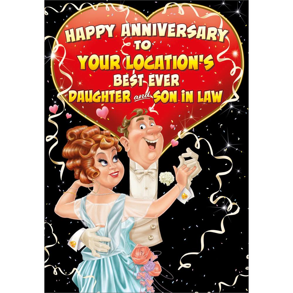 anniversary greeting card featuring humour illustration for a daughter and son in law from the up your street range