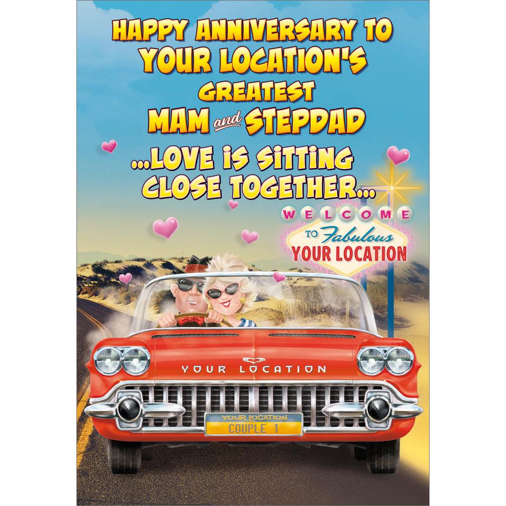 anniversary greeting card featuring humour illustration for a mam and stepdad from the up your street range