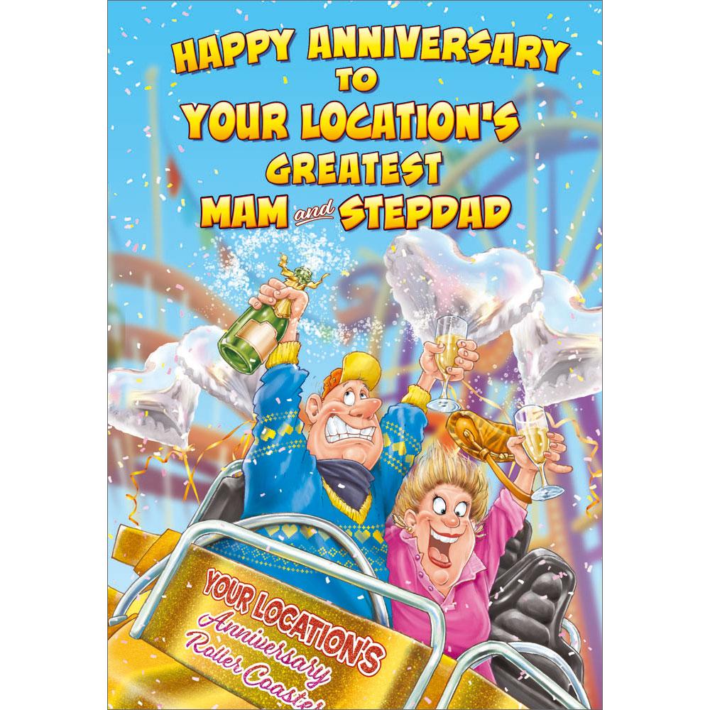 anniversary greeting card featuring humour illustration for a mam and stepdad from the up your street range