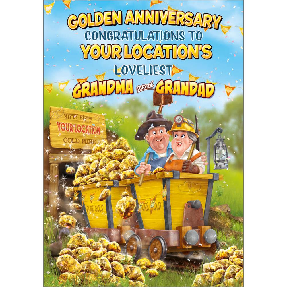 50th (golden) anniversary greeting card featuring humour illustration for a grandma and grandad from the up your street range