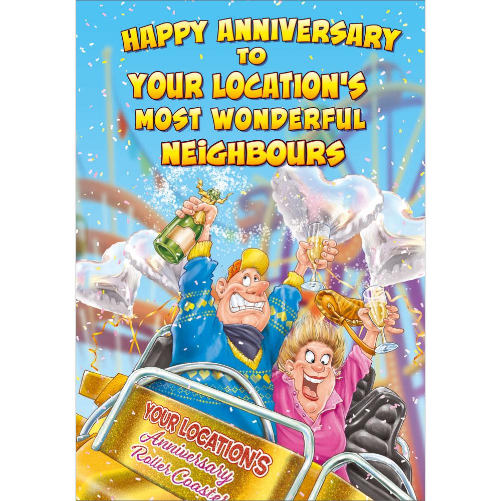 anniversary greeting card featuring humour illustration for a neighbours from the up your street range