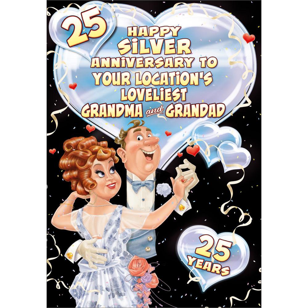 25th (silver) anniversary greeting card featuring humour illustration for a grandma and grandad from the up your street range