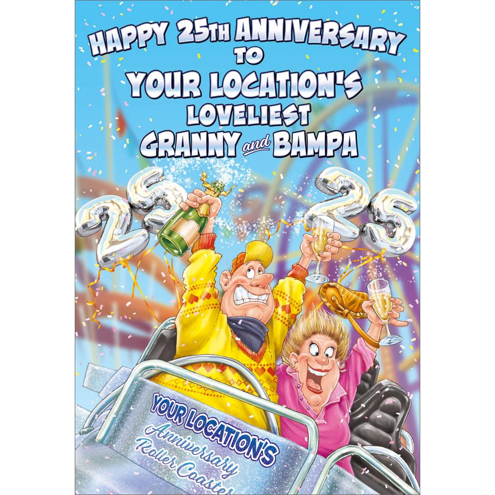 25th (silver) anniversary greeting card featuring humour illustration for a granny and bampa from the up your street range