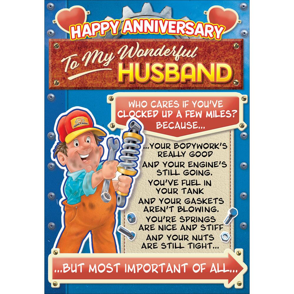 anniversary greeting card featuring humour illustration for a husband from the up your street range