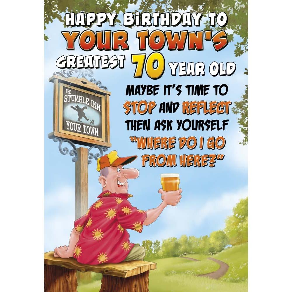 funny age 70 card for a male with a colourful cartoon illustration