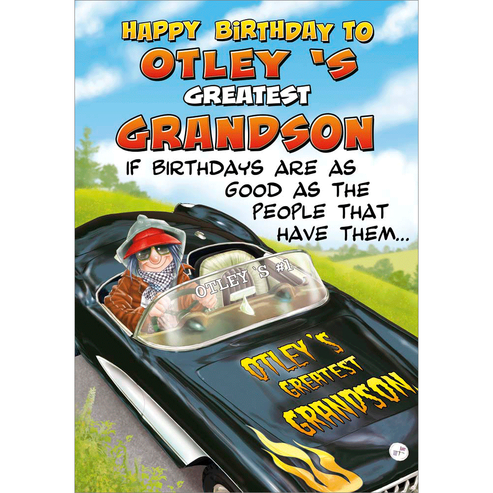 front of card showing a selection of different personalisations of this cartoon birthday card for a grandson