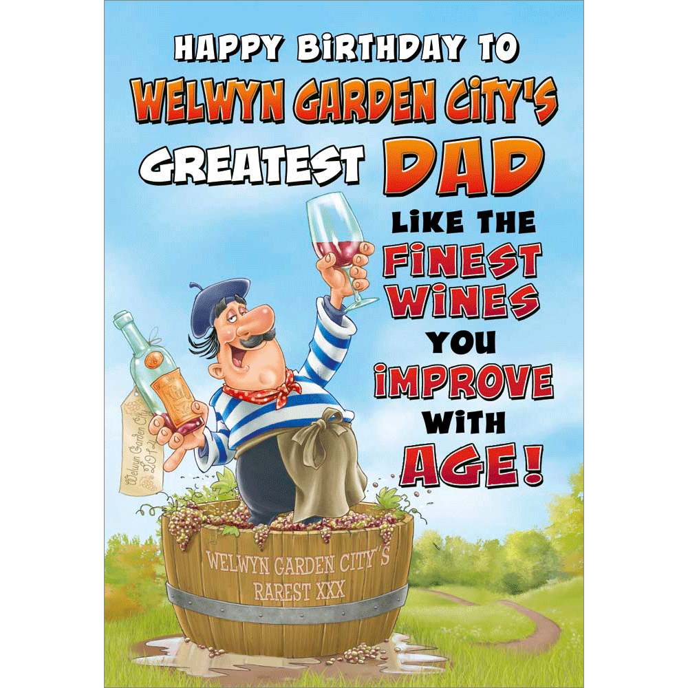front of card showing a selection of different personalisations of this cartoon birthday card for a dad