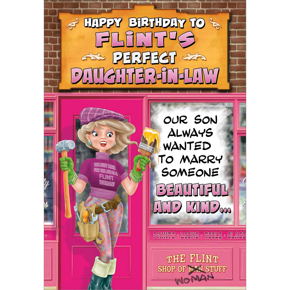front of card showing a selection of different personalisations of this cartoon birthday card for a daughter in law