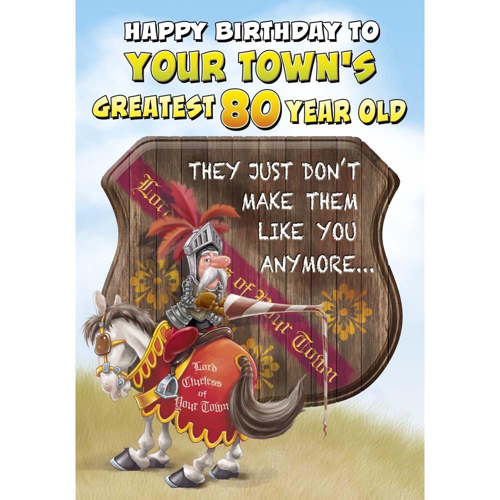 funny age 80 card for a male with a colourful cartoon illustration