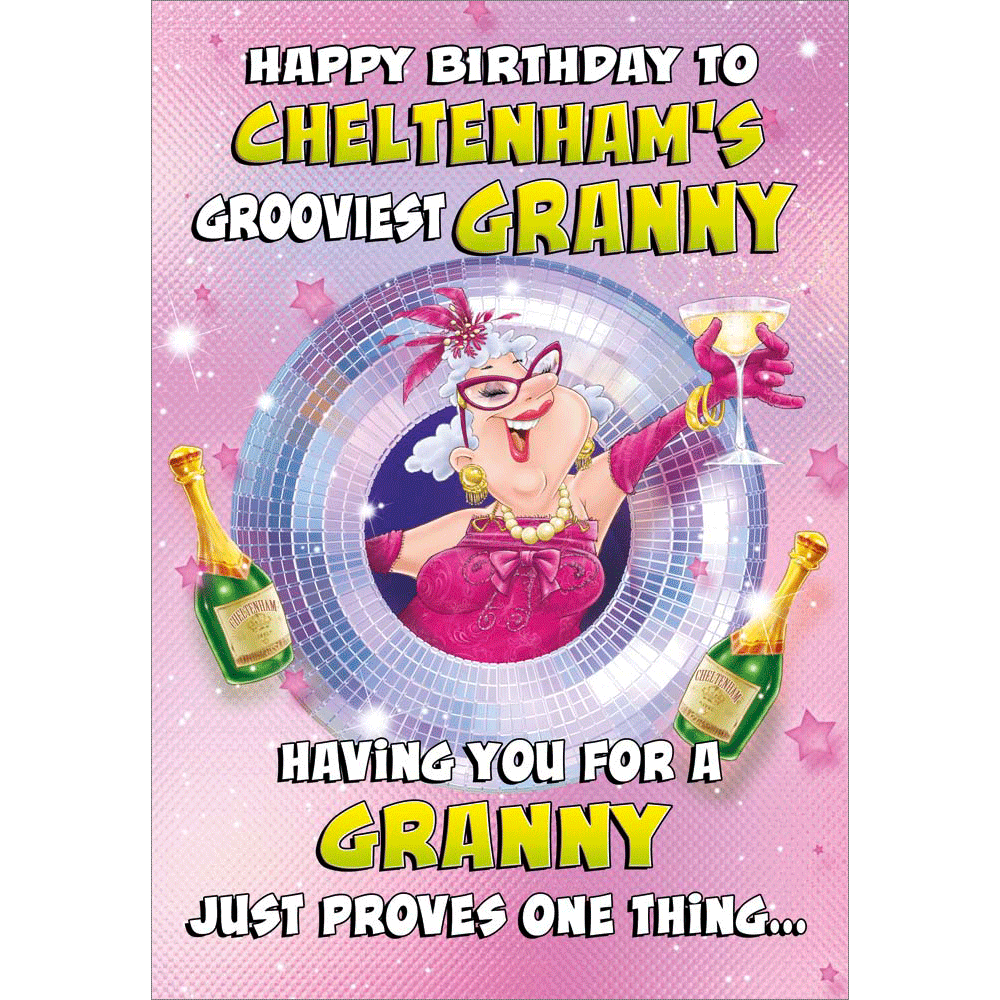 A345 - Champagne Grandma. Granny Birthday card personalised with your town.