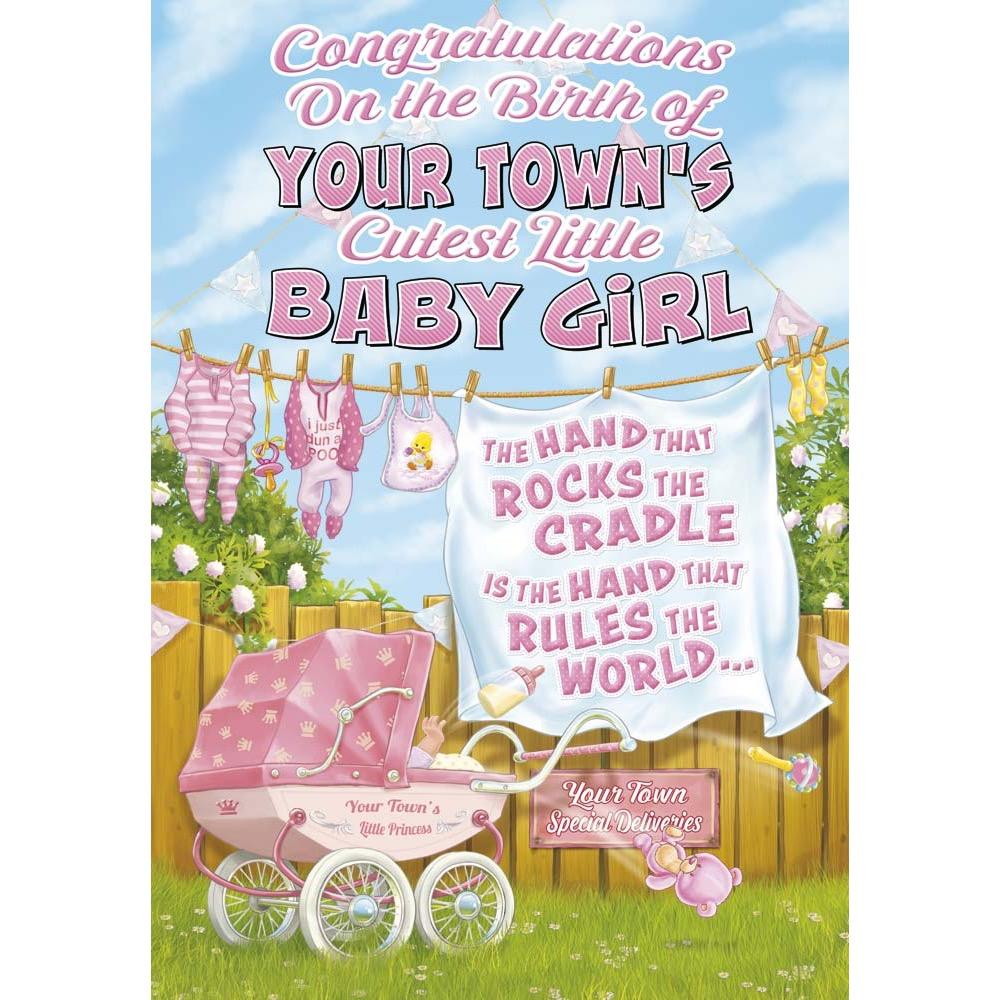 funny new baby congratulations card for a girl with a colourful cartoon illustration
