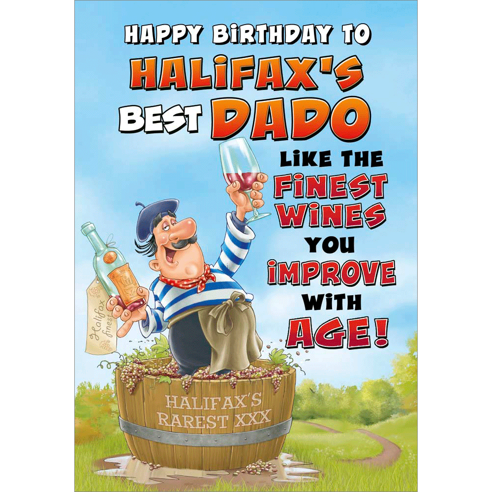 front of card showing a selection of different personalisations of this cartoon birthday card for a dado