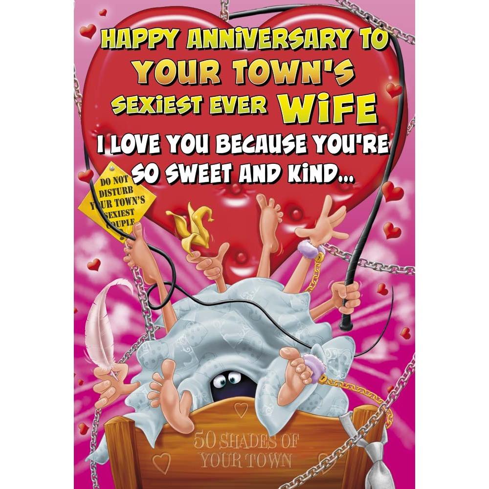 funny anniv wedding card for a wife with a colourful cartoon illustration
