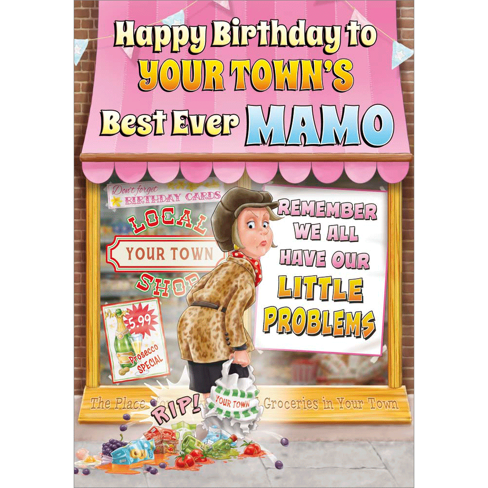 front of card showing a selection of different personalisations of this cartoon birthday card for a mamo