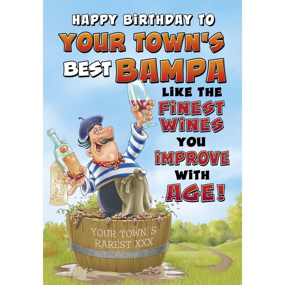 funny birthday card for a bampa with a colourful cartoon illustration