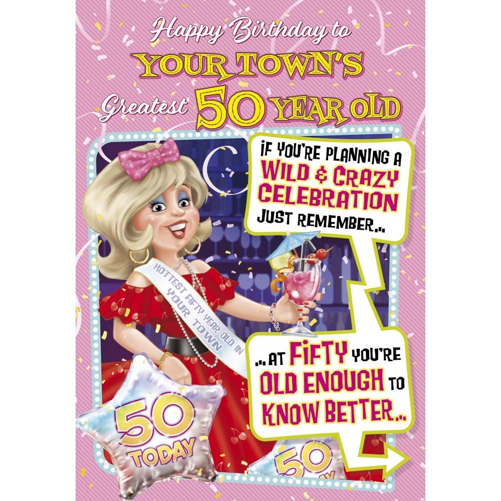 funny age 50 card for a female with a colourful cartoon illustration