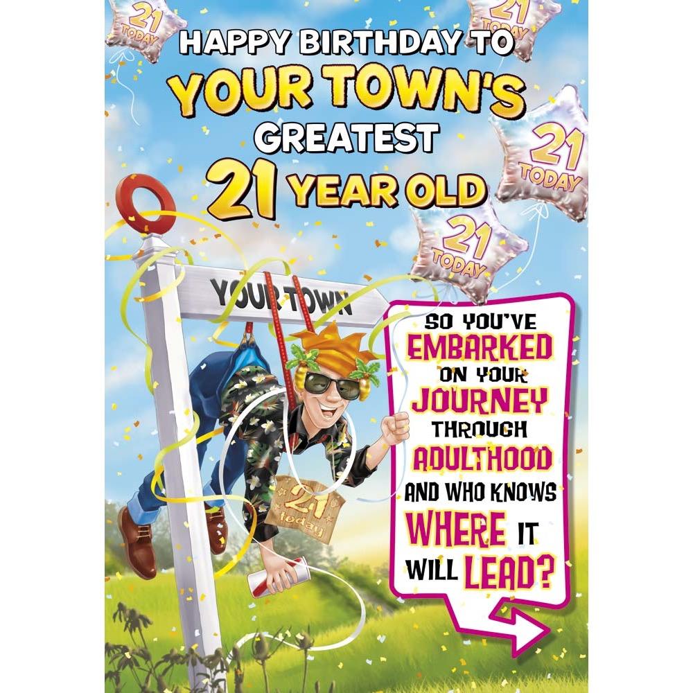 funny age 21 card for a male with a colourful cartoon illustration