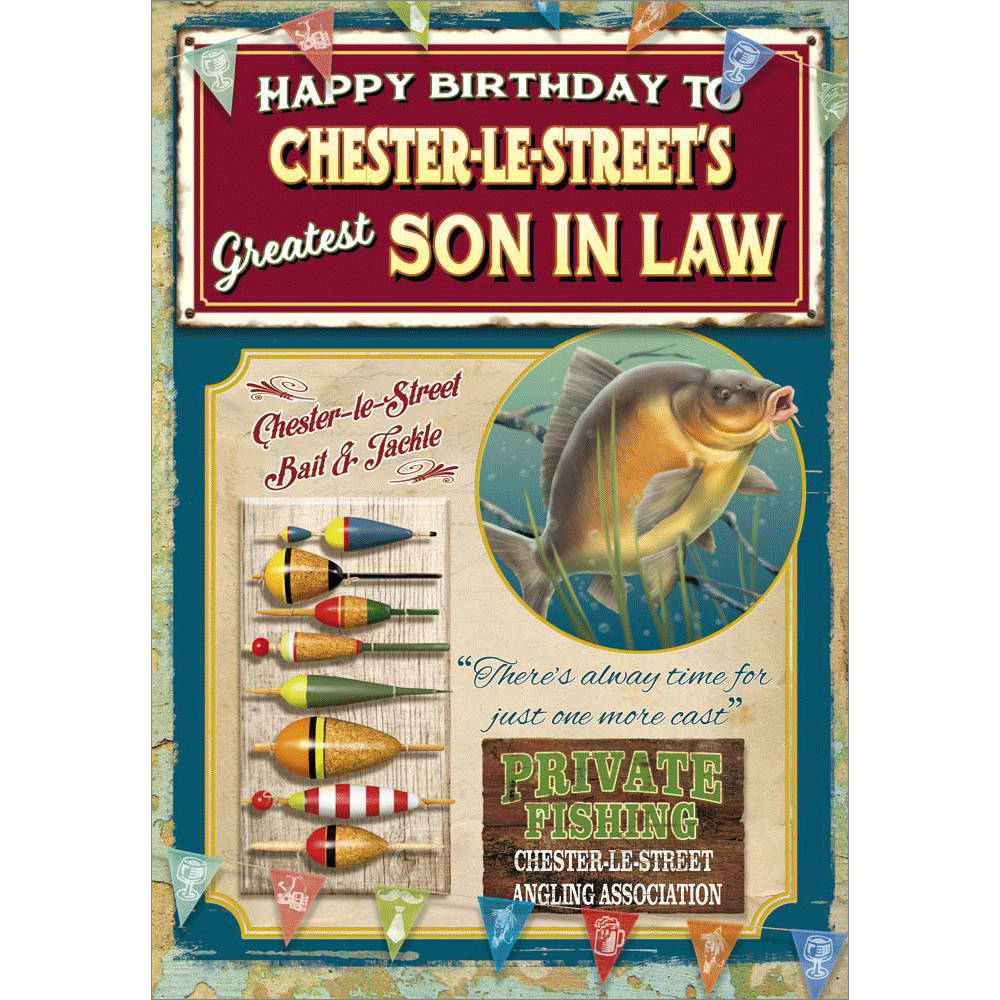 K510F - Vintage Angling. Son in Law Birthday card personalised with your  town.
