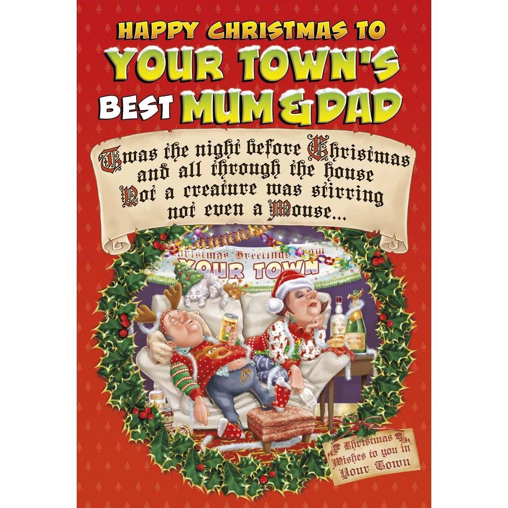 funny christmas card for a mum and dad with a colourful cartoon illustration