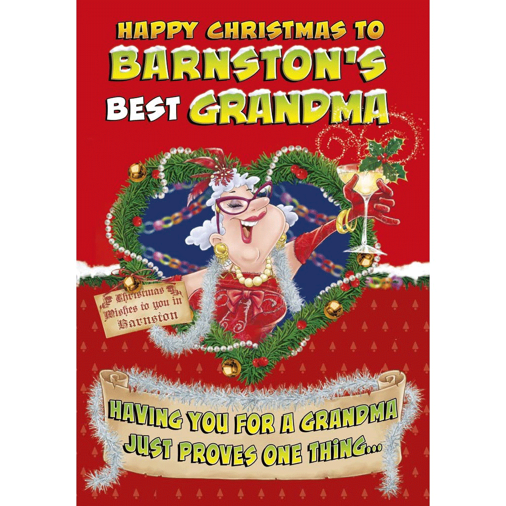 front of card showing a selection of different personalisations of this cartoon christmas card for a grandma