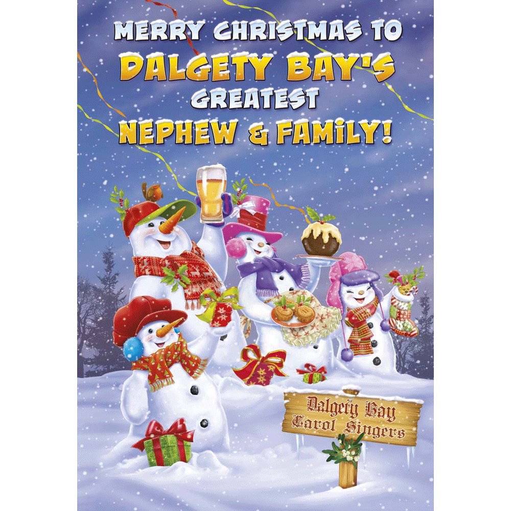 front of card showing a selection of different personalisations of this cartoon christmas card for a nephew and family