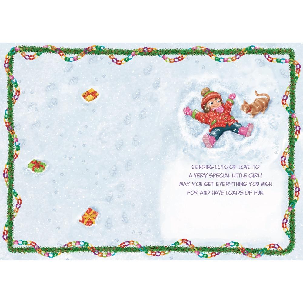 inside full colour cartoon illustration of christmas card for a girl