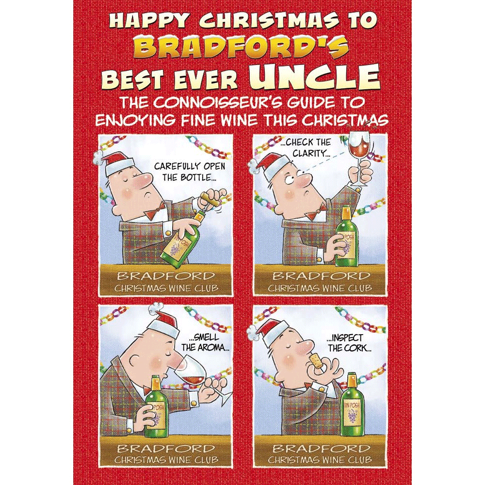front of card showing a selection of different personalisations of this cartoon christmas card for a uncle