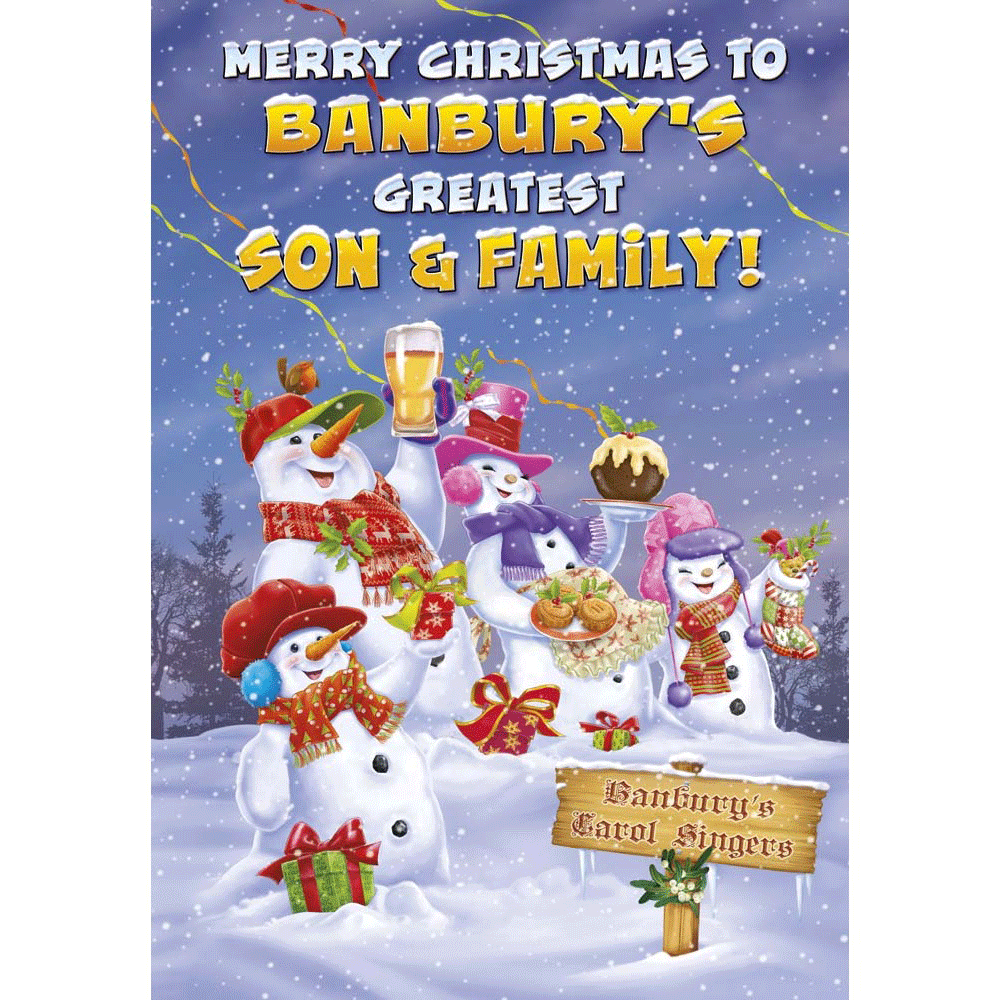 front of card showing a selection of different personalisations of this cartoon christmas card for a son and dil