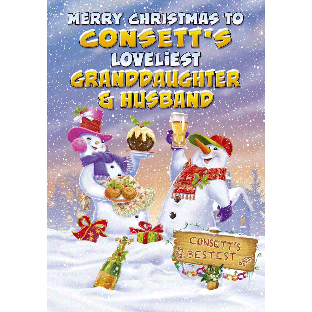 front of card showing a selection of different personalisations of this cartoon christmas card for a gdaughter and husband