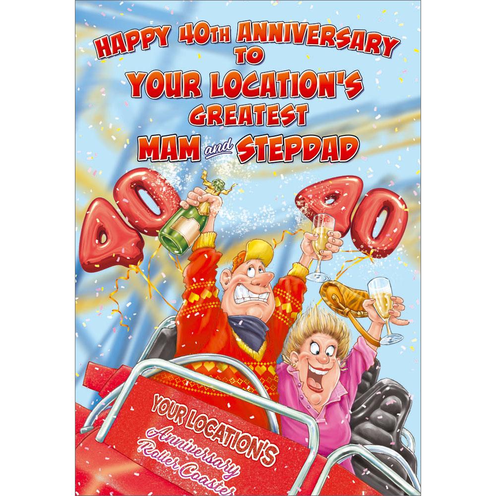 40th (ruby) anniversary greeting card featuring humour illustration for a mam and stepdad from the up your street range