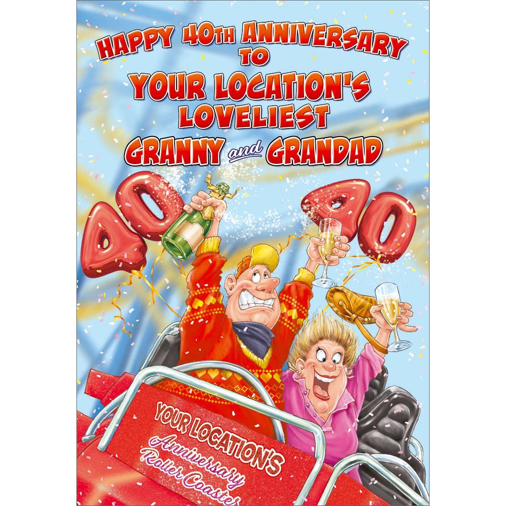 40th (ruby) anniversary greeting card featuring humour illustration for a granny and grandad from the up your street range