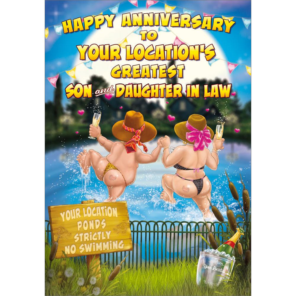 anniversary greeting card featuring humour illustration for a son and daughter in law from the up your street range