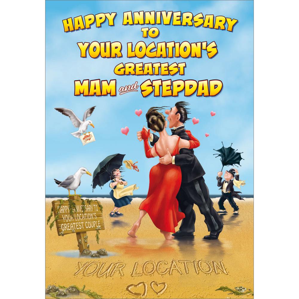 anniversary greeting card featuring humour illustration for a mam and stepdad from the up your street range
