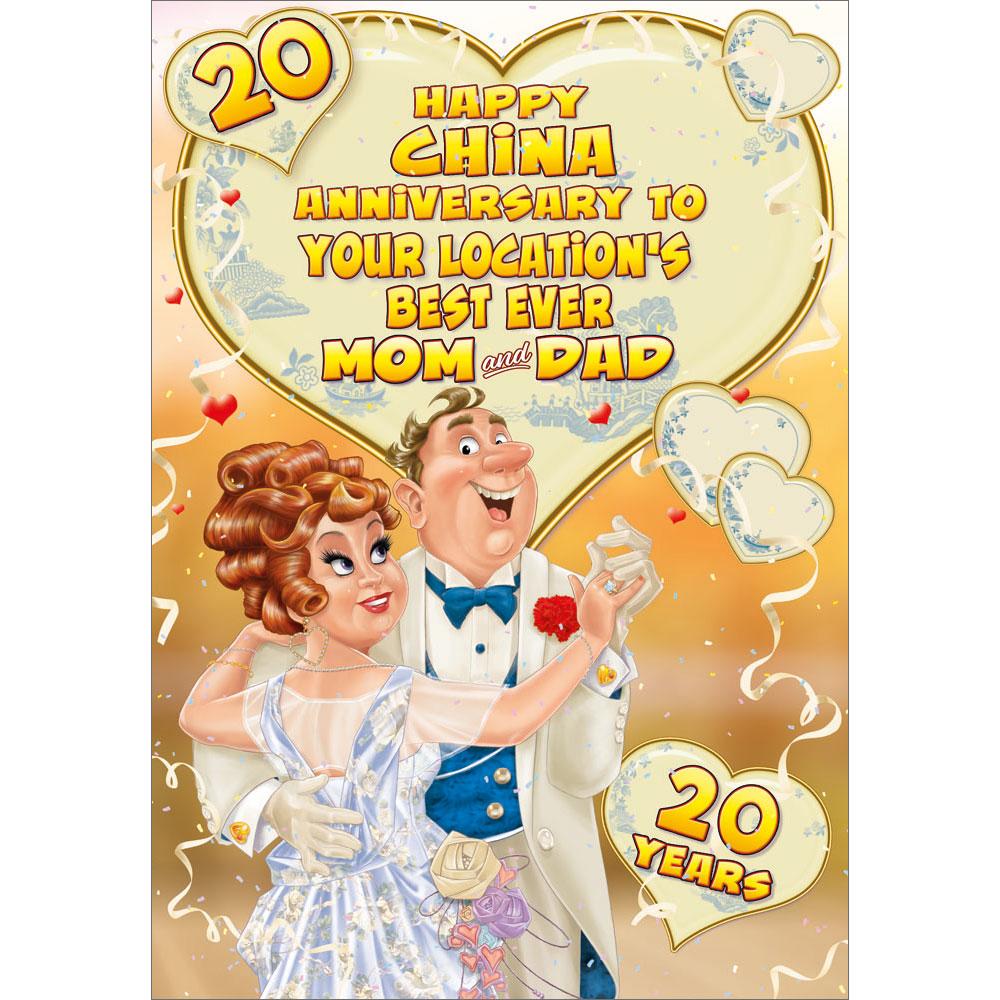 20th (china) anniversary greeting card featuring humour illustration for a mom and dad from the up your street range