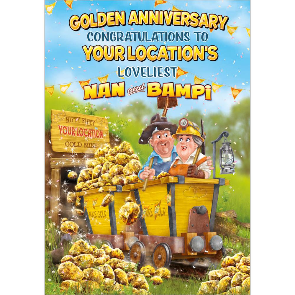 50th (golden) anniversary greeting card featuring humour illustration for a nan and bampi from the up your street range