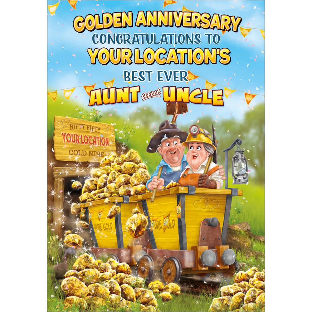 50th (golden) anniversary greeting card featuring humour illustration for a aunt and uncle from the up your street range