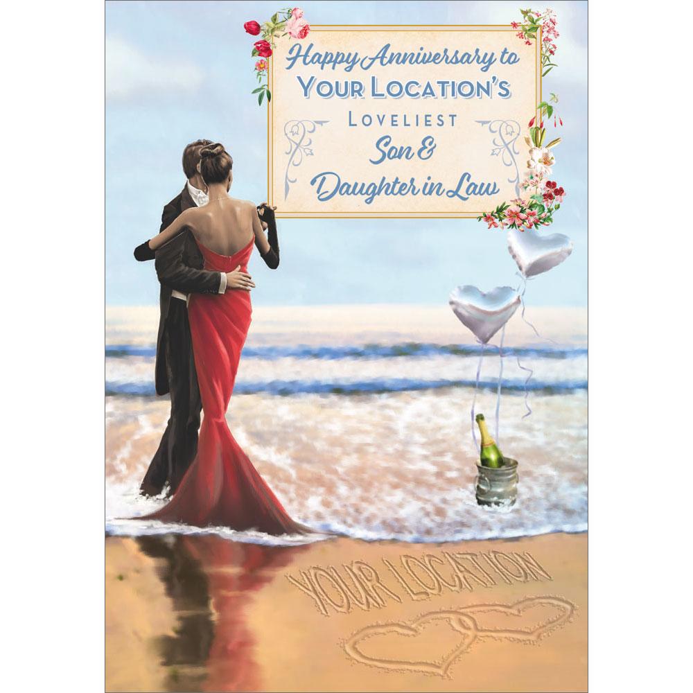 anniversary greeting card featuring classic illustration for a son and daughter in law from the up your street range