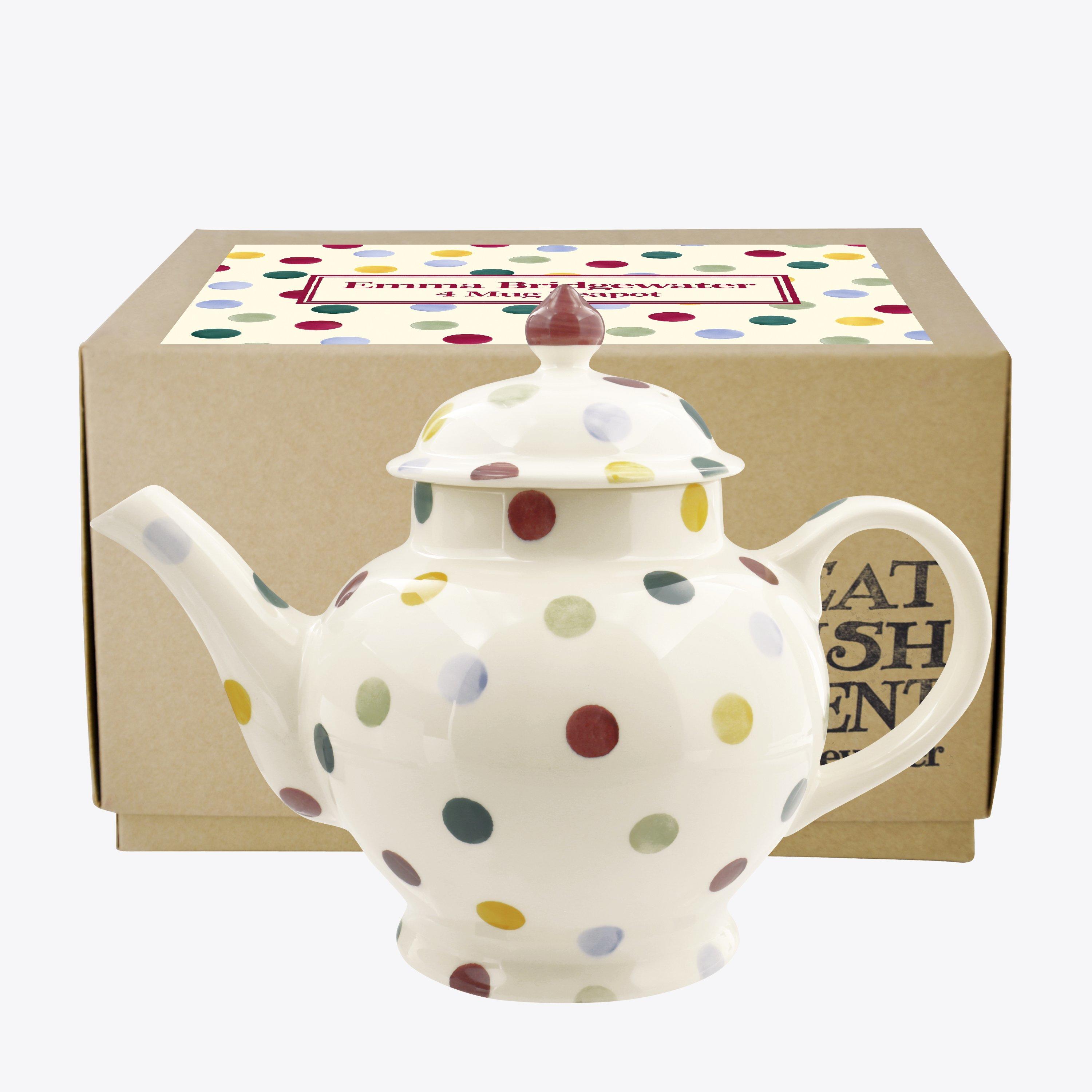 Emma Bridgewater  Polka Dot 4 Mug Teapot Boxed - Unique Handmade & Handpainted English Earthenware Vintage Style Teapots
