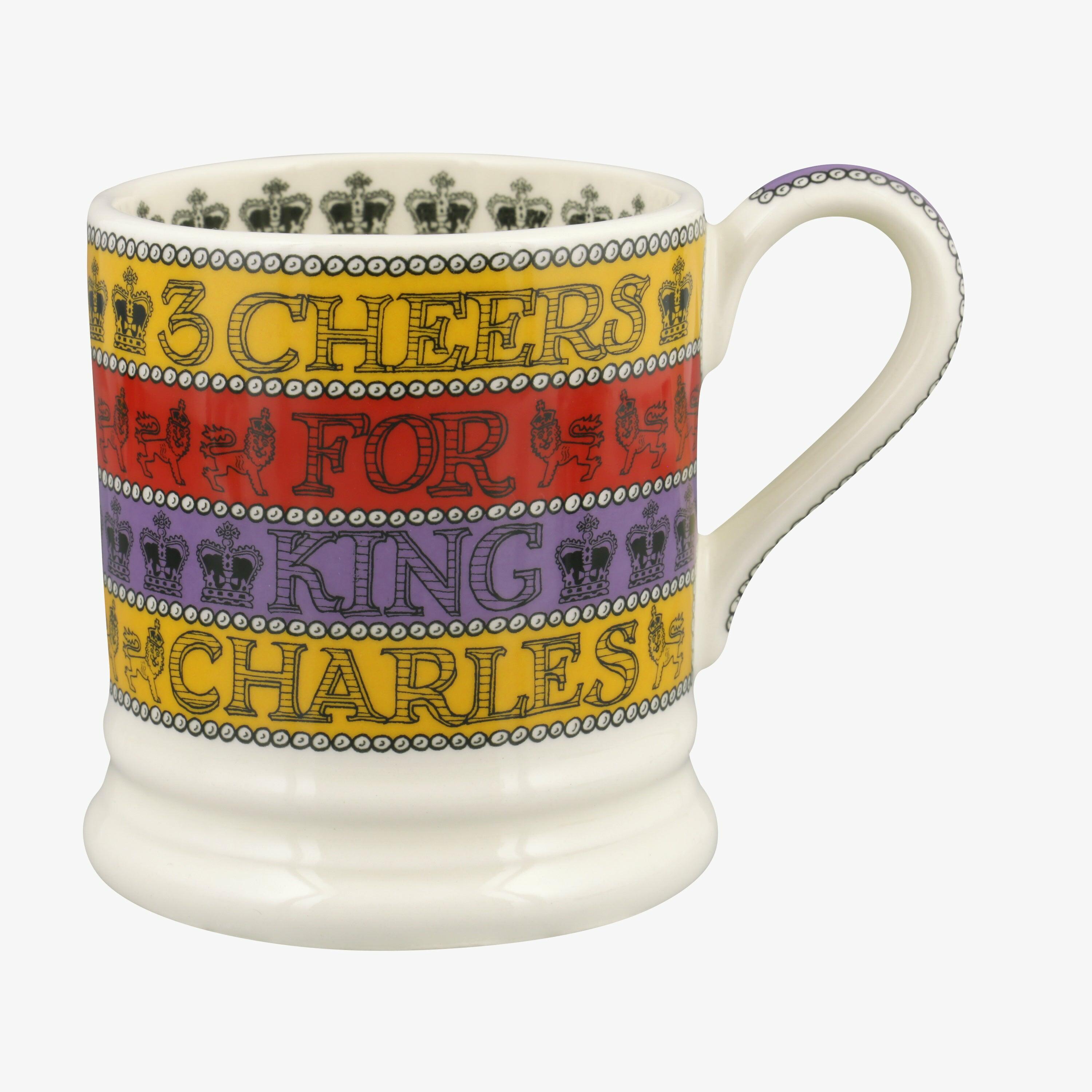 Emma Bridgewater  3 Cheers For King Charles III 1/2 Pint Mug - Unique Handmade & Handpainted English Earthenware Tea/Coffee Mug