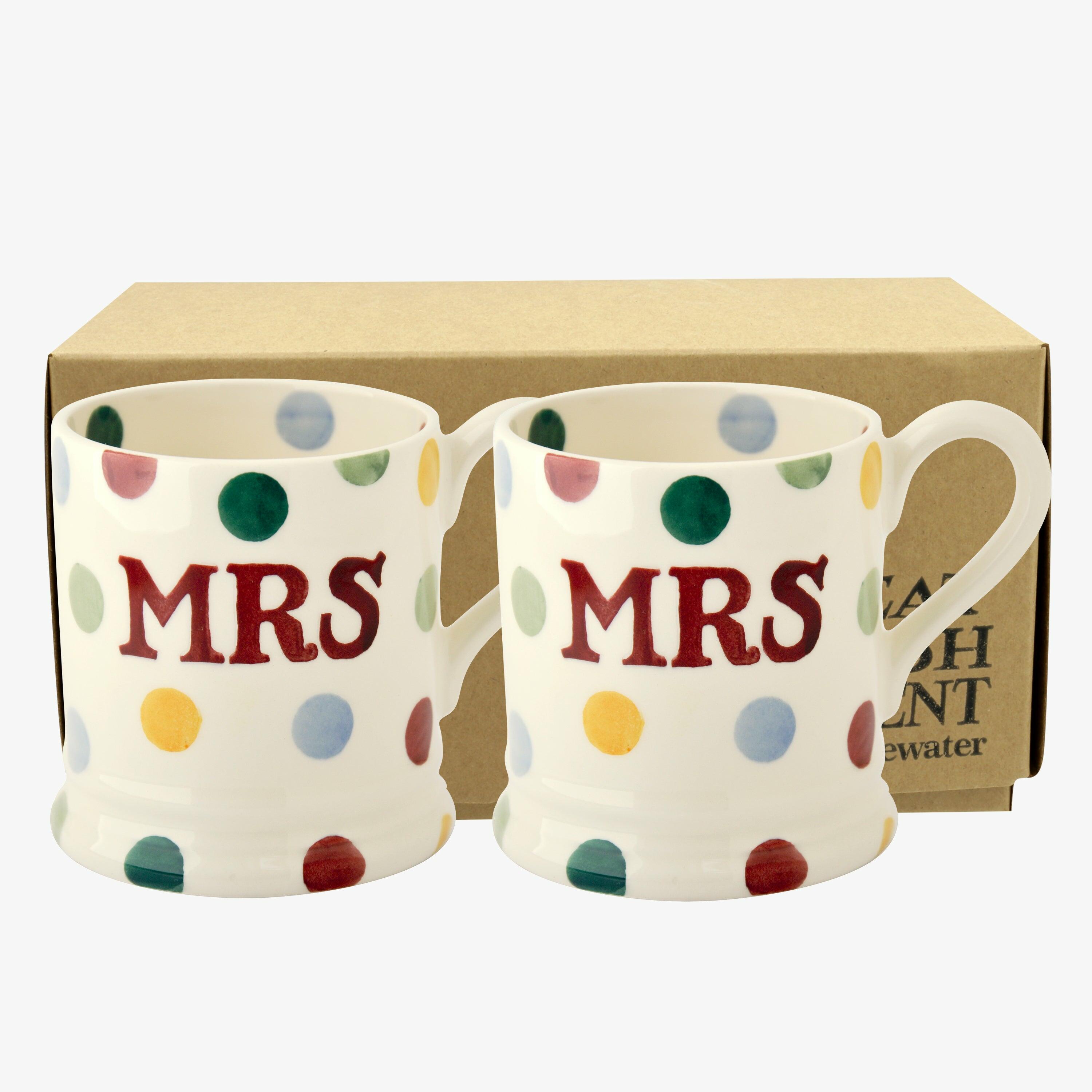 Emma Bridgewater  Polka Dot 'Mrs & Mrs' Set of 2 1/2 Pint Mugs Boxed - Unique Handmade & Handpainted English Earthenware Tea/Coffee Mug