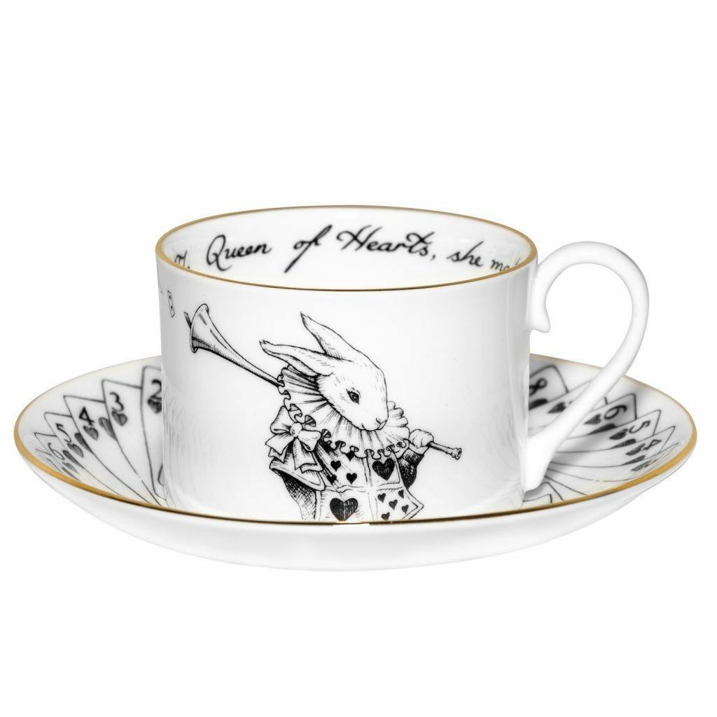 Alice In Wonderland Rabbit Cards Teacup & Saucer in White, Gold, Fine Bone China, Rory Dobner