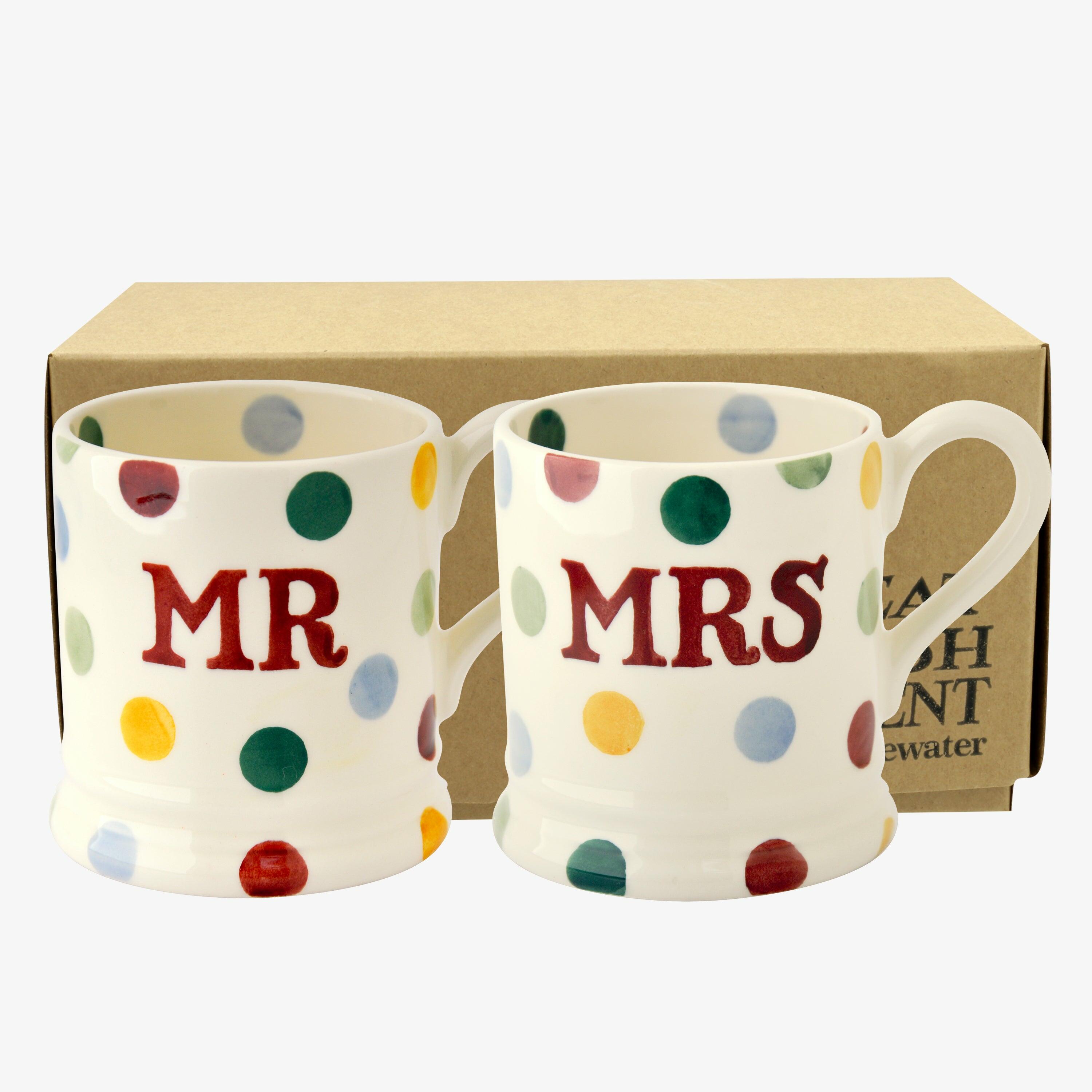 Polka Dot 'Mr & Mrs' Set of 2 1/2 Pint Mugs Boxed - Unique Handmade & Handpainted English Earthenware Tea/Coffee Mug  | Emma Bridgewater