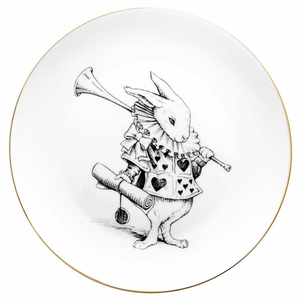 Alice In Wonderland Rabbit Cards Plate in White, Medium, Gold, Fine Bone China, Rory Dobner