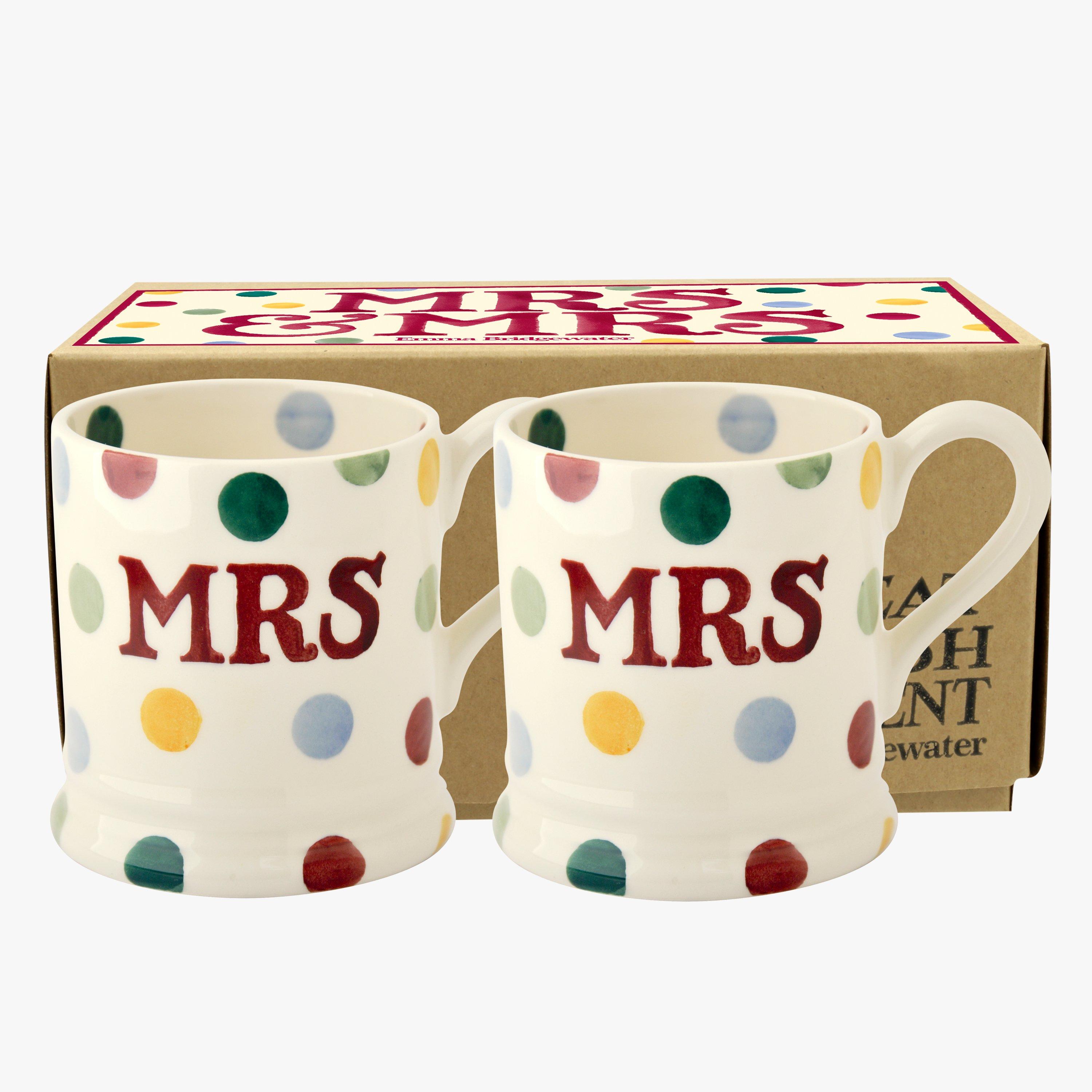 Emma Bridgewater  Polka Dot 'Mrs & Mrs' Set of 2 1/2 Pint Mugs Boxed - Unique Handmade & Handpainted English Earthenware Tea/Coffee Mug